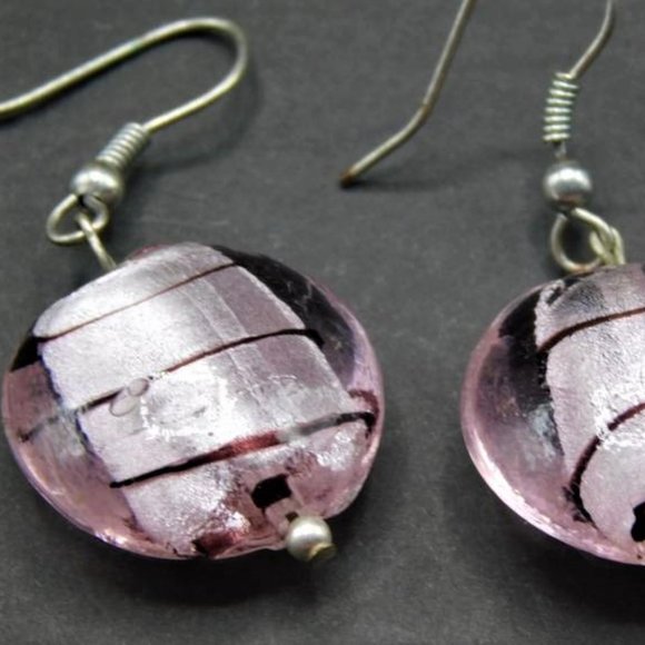 "Murano" Pink Swirl Coin Earrings - Picture 2 of 5